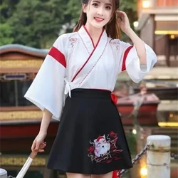 일본 드레스 기모노 여자 검은 흰색 고양이 자수 스커트 빈티지 아시아 의류 yukat 파티 애니메이션 코스프레하라 주쿠 의상
