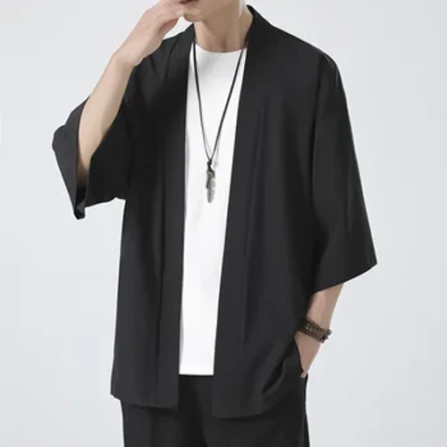 Chimonouri ușoare pentru bărbați, îmbrăcăminte tradițională japoneză, pentru bărbați, cardigan cu fața deschisă, mantie Haori Yukata, jachetă, haină neagră