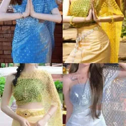 Estilo étnico verão tailândia xale bling glitter cachecol malha envoltório tailandês tradicional xale com grânulo traje de viagem do sudeste asiático