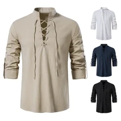 2023 nuova camicia da uomo in cotone e lino Henry da uomo Amazon a maniche lunghe hippie casual da spiaggia camicia con colletto rialzato taglia europea