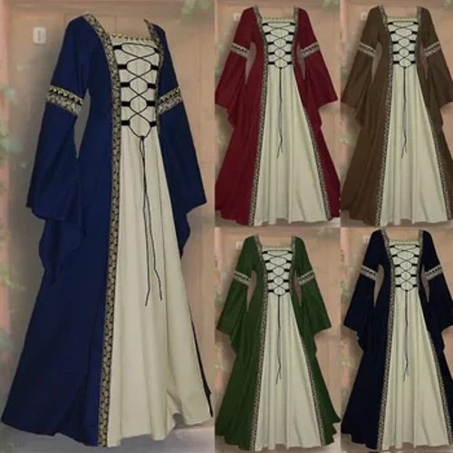 Bé Gái Châu Âu Cổ Vuông Tay Loe Dài Gothic Retro Đầm Nữ Thời Trung Cổ Triều Đình Đầm Bầu Thời Trung Cổ Kích Thước Lớn 4xl 5xl