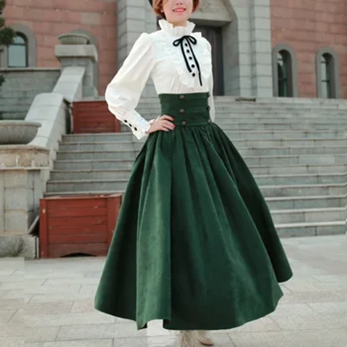 Llewys llusern vintage, crys gwyn, set sgert fawr werdd wedi'i selio â gwasg uchel, dillad Ewropeaidd Ffrengig Lolita