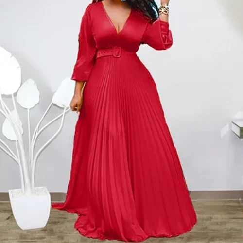 Europæiske og amerikanske oversize kvinders efterårs ny langærmet chiffon plisseret nederdel mode sexet kjole