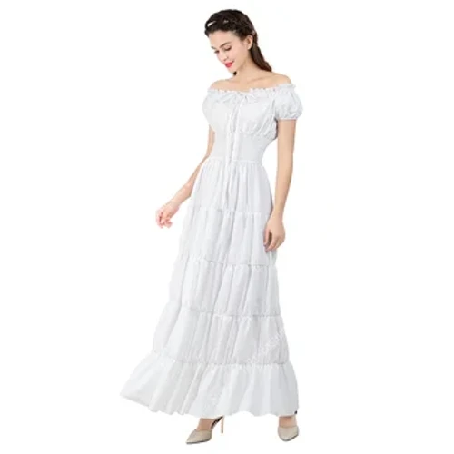 Medeltida klänning off Shoulder viktorianska irländska klänningar Europeiska kläder för kvinnor Vit resår midja Lång klänning Elegant