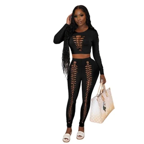2 Piece Outfits para sa Babae Sexy Long Sleeve Hollow Out Crop Top at High Waisted Cut Out Pantalon Set Skinny Casual Suit