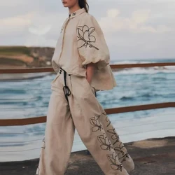 Thời Trang Vải Lanh Cotton In Hình Quần Phù Hợp Với Phụ Nữ 2024 Retro Bong Bóng Tay Ve Áo Sơ Mi Xếp Ly Quần Ống Rộng Xuân Hè phù Hợp Với