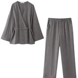 ʻO TRAF Pajama Style Pants Sets Wahine 2 ʻāpana 2024 New Fashion Kimono Style Top Wahine Wahine ʻElua ʻāpana ʻAʻahu Wahine.