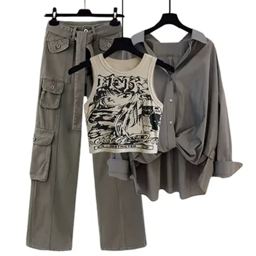 ʻO Spring Autumn ʻEkolu ʻāpana PanSet Wahine Nui Nui Nui Vintage Blouse+Tank Top +Palu Jeans Cargo Pants ʻEkolu ʻāpana Set