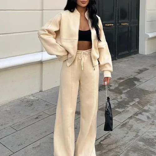TRAFZA Wanita Musim Dingin Hangat Bulu Dilapisi Zipper Jaket Sweatshirt Set Modis Stretch Pinggang Tinggi Celana Wanita 2-piece Set