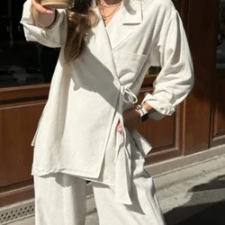 Eleganti camicie con lacci Pantaloni Set da donna Casual larghi a maniche lunghe Tasche Top a vita alta Pantaloni a gamba larga Lady Set di due pezzi