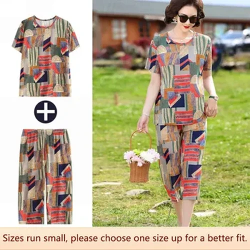 Muineál Babhta Samhraidh T-léine T-léine Gearr Pants Seacht bpointe Oighir Silk Oighear Éadaí na mBan Feisteas Máthar Priontála Set 2 phíosa