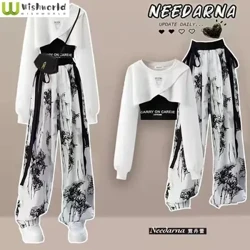 Set Musim Semi dan Musim Gugur Wanita Desain Korea Atasan Lengan Panjang+Tank Top+Tinta Lebar Kaki Celana Tiga Potong Set Trendi