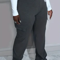 Pantaloni casual de mărime mare, plus pantaloni elastici cu talie înaltă, elastici, cu picioare drepte, cu buzunare cu clapă