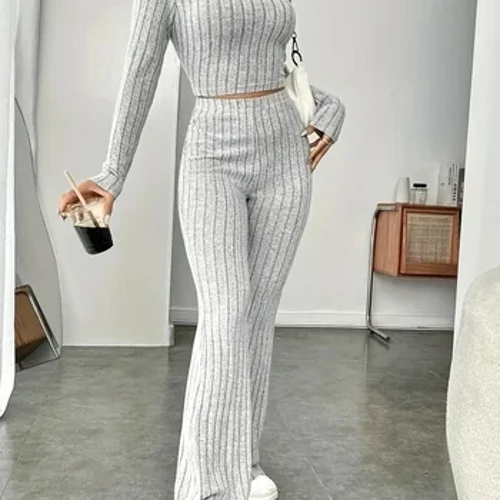 2024 tavaszi kötött 2 részes szettek női tréningruha, hosszú ujjú, szüreti pulóver Crop top flare nadrág, sztreccs, illő öltöny