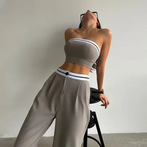 Bộ áo vest không tay hai mảnh màu trơn áo ngực và quần cài cúc mùa hè gợi cảm
