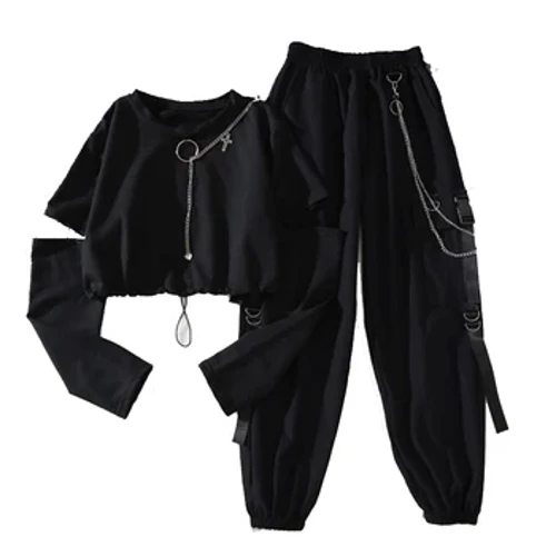 Proljece Jesen zene Harajuku Cargo pantalone zgodno cool dvodijelno odijelo s lancem dugih rukava + pantalone s vrpcom