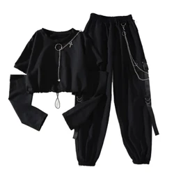 Frühling Herbst Frauen Harajuku Cargohose hübsche kühle zweiteilige Anzug Kette Langarm+Bandhosen
