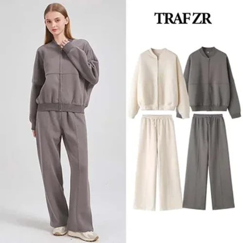 TRAF ZR Zipper Cardigan Set untuk Gaun Wanita Pakaian Latihan Yg Hangat Setelan Musim Gugur Pakaian Wanita Set Celana Longgar Pakaian Lengan Panjang Olahraga