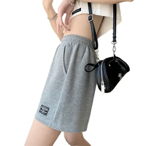Pantaloni scurți sport Waffle pentru damă vara 2024, noua versiune coreeană, pantaloni largi, cu talie înaltă, acasă, cu picioare largi, pentru uzură externă