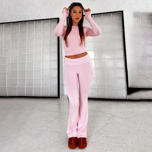 CUTENOVA Wanita Musim Semi Kasual 2 Potongan Pakaian Lengan Panjang Kru Leher Crop Tops dan Pinggang Rendah Flare Celana Panjang Set Lounge Trek