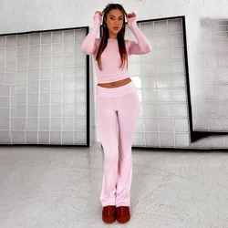 CUTENOVA Wanita Musim Semi Kasual 2 Potongan Pakaian Lengan Panjang Kru Leher Crop Tops dan Pinggang Rendah Flare Celana Panjang Set Lounge Trek