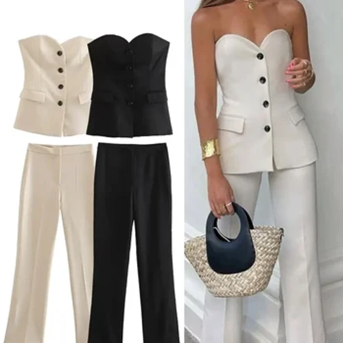 Trafza Wanita Elegan Solid Celana Setelan Tombol Depan Tanpa Tali Seksi Tank Top + Celana Celah Sisi Wanita Fashion Streetwear Set