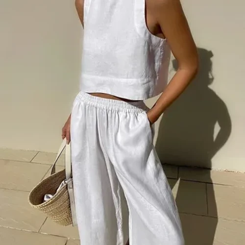 Kvinder Forår Sommer Mode 2024 Ferie Linned Bukse Sæt Crop Tops Solid Outfits Ærmeløse 2 Todelt Matchende Sæt Til Kvinder