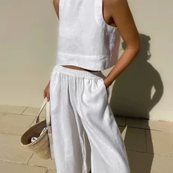 Kvinder Forår Sommer Mode 2024 Ferie Linned Bukse Sæt Crop Tops Solid Outfits Ærmeløse 2 Todelt Matchende Sæt Til Kvinder
