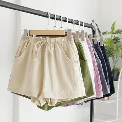 Pants byr gyda Drawstring Gwasg Uchel Lliw solet Pocedi Dwbl Tenau Lliain Coes Eang Merched Shorts Achlysurol Dillad Stryd Awyr Agored