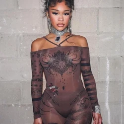 Kliou Musim Gugur Wanita Mesh Seksi 2 Sepotong Set Estetika Cetak Halter Slash Neck Tee + Yang Sesuai dengan Slim Fit Celana Wanita Midnight Pesta Suit