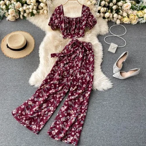 Fafine Autumn French Boho Fugala'au Suits Square Collar Puff lima Pu'upu'u pito i luga + Puimanava Maualuga Avanoa vae ofuvae lua vaega seti.