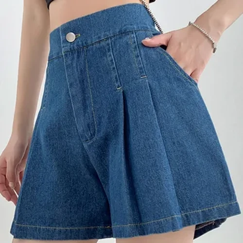 DFRCAEG 2023, vara, pantaloni scurți de blugi de mărime mare pentru femei, cu talie elastică înaltă, albastru sau albastru deschis, plisate, mini scurte de mărime mare pentru femei