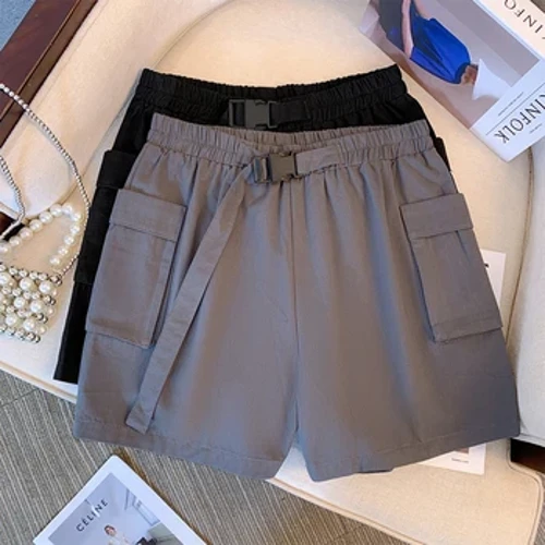 Shorts ócáideacha samhraidh na mban móide-mhéid Fabraic chadáis liath dubh shorts ard-waisted Dearadh waist leaisteacha pócaí dúbailte crios
