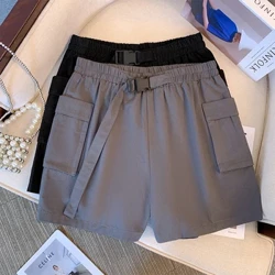 Shorts ócáideacha samhraidh na mban móide-mhéid Fabraic chadáis liath dubh shorts ard-waisted Dearadh waist leaisteacha pócaí dúbailte crios