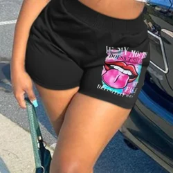 LW Plus Size Lip Letter Print High Waist Black Shorts Babae Summer Streetwear Style Outfits Stretch Workout Gym Shorts