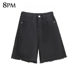 Plus Size Nữ Quần Short Bermuda Thoải Mái Eo Sờn Nguyên Đường Viền Rách Quần Short Denim Màu Đen Quần Short Có Túi ouc1531