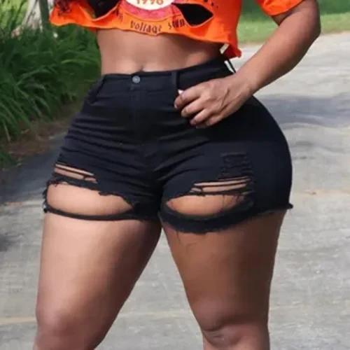 LW Plus Size Summer Denim Shorts Ripped High Stretchy Denim Shorts Pambabae Tassel Ripped Jeans Short para sa Babae Sexy Jeans