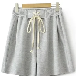 Ropa de talla grande para mujer, pantalones cortos con cintura elástica y cordón, pantalones cortos de tela tejida, pantalones holgados de pierna ancha
