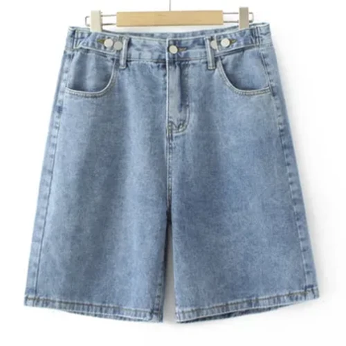 Pantaloni scurți de dimensiuni plus pentru femei, moda de vară 2023, cu cataramă dublă, talie înaltă, blugi cu picioare largi, pantaloni largi, haine curbe supradimensionate