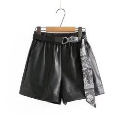 Shorts de couro feminino plus size roupas 2021 inverno nova moda plutônio solto perna larga bota calças com cinto