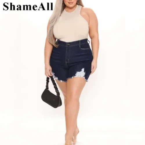 Nadmerná veľkosť sexy super elastické roztrhané úzke tmavomodré džínsové šortky 4XL Krátke nohavice so zničeným strapcom Denim Bermudy Roztrhané Jeggings
