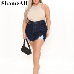 Nadmerná veľkosť sexy super elastické roztrhané úzke tmavomodré džínsové šortky 4XL Krátke nohavice so zničeným strapcom Denim Bermudy Roztrhané Jeggings