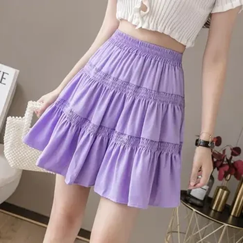 Fashion Elastis Pinggang Tinggi Disambung Rok Lipit Korea Pakaian Wanita 2024 Musim Panas Baru Longgar Warna Solid Rok Kasual