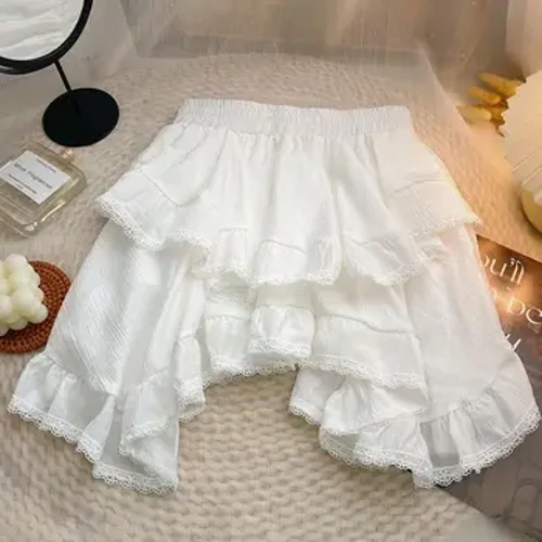 Talie elastică, alb, negru, neregulată, mini fustă Kawaii, în stil japonez, școală, Y2k, estetică, cu volane, fustă scurtă pentru femei, îmbrăcăminte de stradă