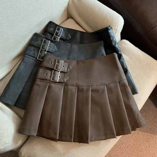 S-3Xl Y2K Pu Leathar Mini Sciorta Mná Seanré Ard-Wist Sciorta Pleated Éadaí sráide Cóiréis Dubh caol Ócáideach A Líne sciortaí Nua