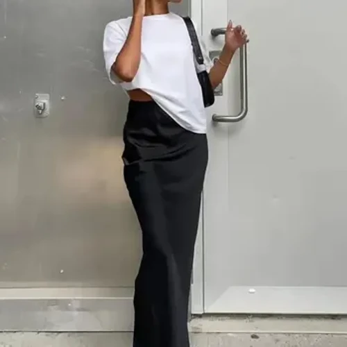 Femmes noir élégant Satin mode jupes minces quatre saisons décontracté taille haute Club bureau Maxi jupe