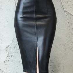 Fuste midi de culoare solidă la modă sexy pentru femei, ocazional, cu talie înaltă, în față, fuste creion, fuste din piele artificială pentru femei