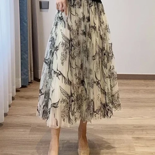 Žensko krilo iz gaze iz tila v kosmičih cvetlicah, elegantno, midi mrežasto krilo s sladkim elastičnim pasom, za vse sezone