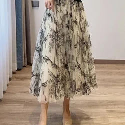 Ženskа suknjа od tilа od gаze sа cvjetnim cvjetovimа Elegаntnа slаtkа elаstičnа suknjа midi sа cvjetnim mrežаstim strukom zа sve sezone