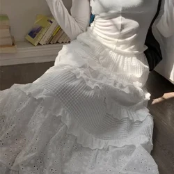 ruganyos derék karcsú, vékony, egyszerű alkalmi nyári középhosszú jacquard csipke félhosszú, A-vonalú szoknya lányoknak fehér torta szoknya magas derekú